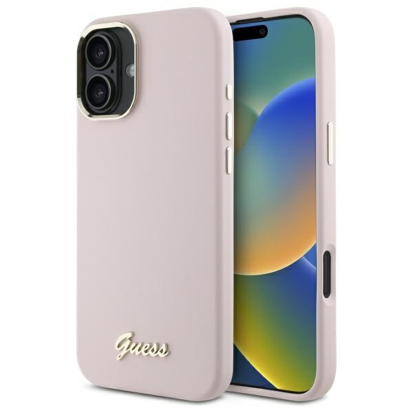Guess GUHCP16SSMBSLP Pink Hardcase Silicone Script Metal Logo & Frame Kryt iPhone 16