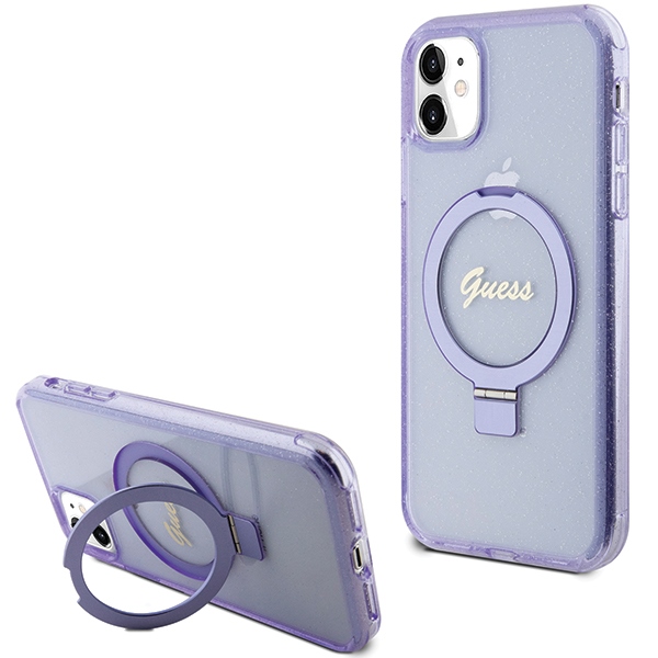 Guess GUHMN61HRSGSU Purple Hardcase Ring Stand Script Glitter MagSafe Kryt iPhone 11/XR
