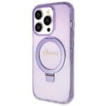 Guess GUHMP13LHRSGSU Purple Hardcase Ring Stand Script Glitter MagS Kryt iPhone 13/13 Pro