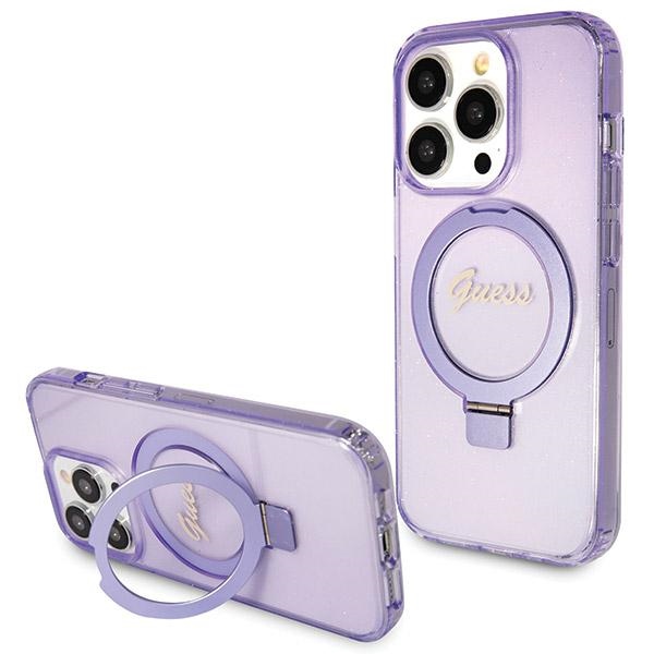 Guess GUHMP13XHRSGSU Purple Hardcase Ring Stand Script Glitter MagSa Kryt iPhone 13 Pro Max
