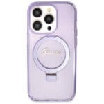 Guess GUHMP14LHRSGSU Purple Hardcase Ring Stand Script Glitter MagSafe Kryt iPhone 14 Pro
