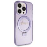 Guess GUHMP14LHRSGSU Purple Hardcase Ring Stand Script Glitter MagSafe Kryt iPhone 14 Pro