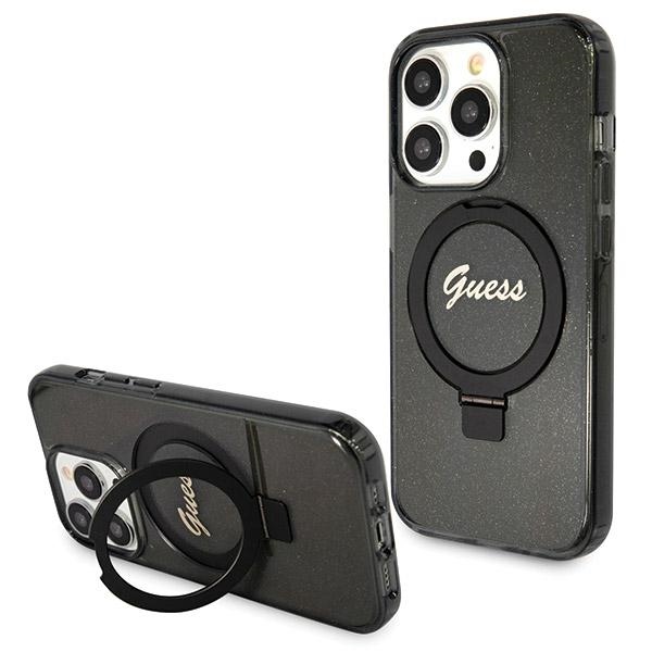 Guess GUHMP14XHRSGSK Black Hardcase Ring Stand Script Glitter MagSafe Kryt iPhone 14 Pro Max