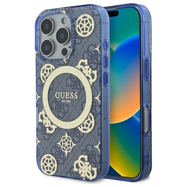 Guess GUHMP16LH4PYEEB Blue Hardcase IML Peony On 4G Background MagSafe Kryt iPhone 16 Pro