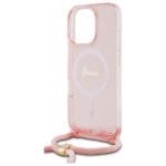 Guess GUHMP16LHCTSGNSP Pink Hardcase Crossbody Cord Script MagSafe Kryt iPhone 16 Pro
