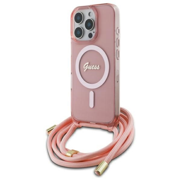 Guess GUHMP16LHCTSGNSP Pink Hardcase Crossbody Cord Script MagSafe Kryt iPhone 16 Pro