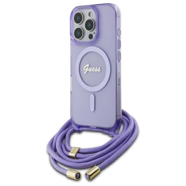 Guess GUHMP16LHCTSGNSU Purple Hardcase Crossbody Cord Script MagSafe Kryt iPhone 16 Pro