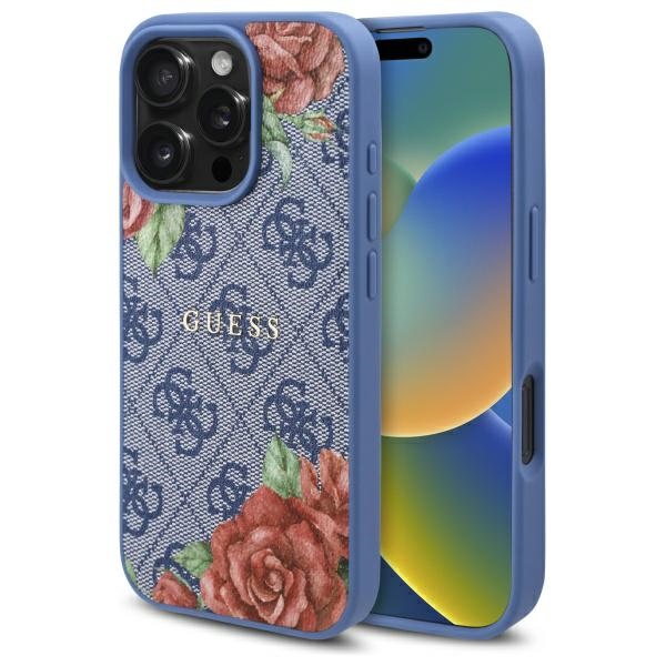 Guess GUHMP16LP4ROPEMCB Blue Hardcase 4G Flowers Print MagSafe Kryt iPhone 16 Pro