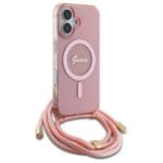 Guess GUHMP16SHCTSGNSP Pink Hardcase Crossbody Cord Script MagSafe Kryt iPhone 16