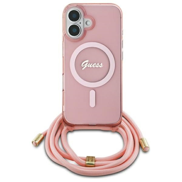Guess GUHMP16SHCTSGNSP Pink Hardcase Crossbody Cord Script MagSafe Kryt iPhone 16