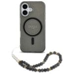 Guess GUHMP16SHGCRELSK Black Hardcase IML Glitter With Pearl Strap MagSafe Kryt iPhone 16
