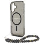Guess GUHMP16SHGCRELSK Black Hardcase IML Glitter With Pearl Strap MagSafe Kryt iPhone 16