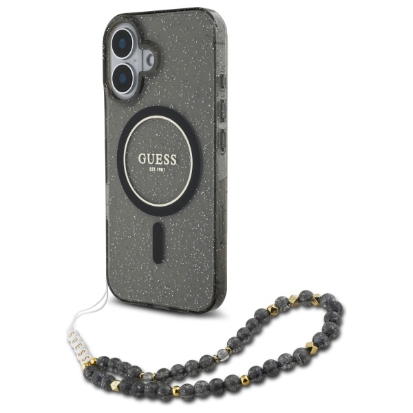 Guess GUHMP16SHGCRELSK Black Hardcase IML Glitter With Pearl Strap MagSafe Kryt iPhone 16