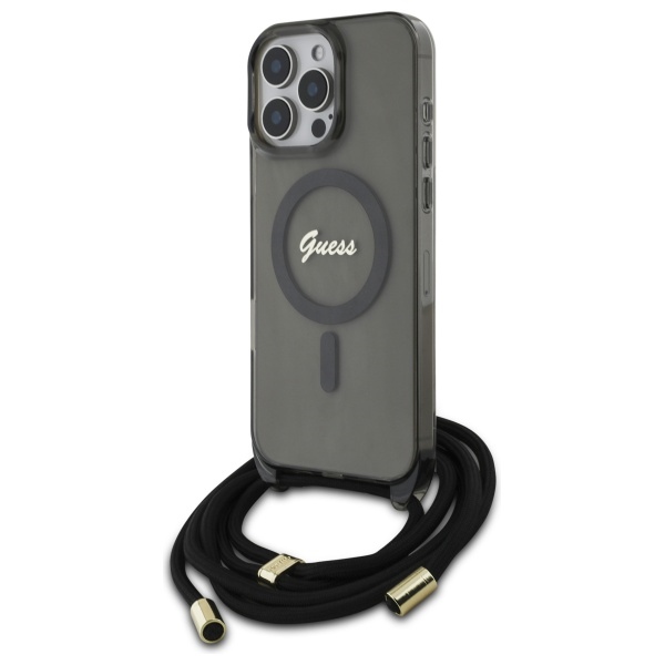 Guess GUHMP16XHCTSGNSK Black Hardcase Crossbody Cord Script MagSafe Kryt iPhone 16 Pro Max