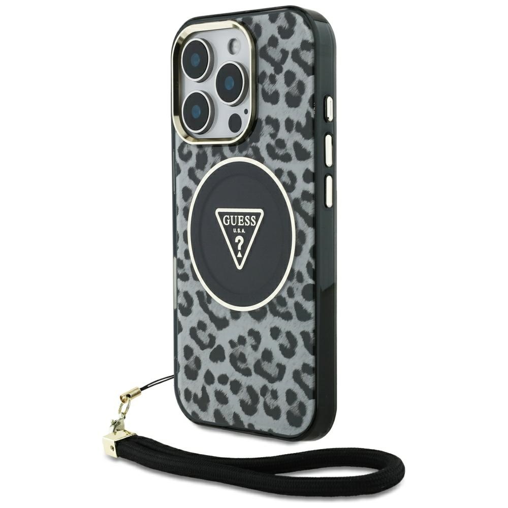 Guess HC IML Leopard Triangle Cord Strap MagSafe Black Kryt iPhone 16 Pro