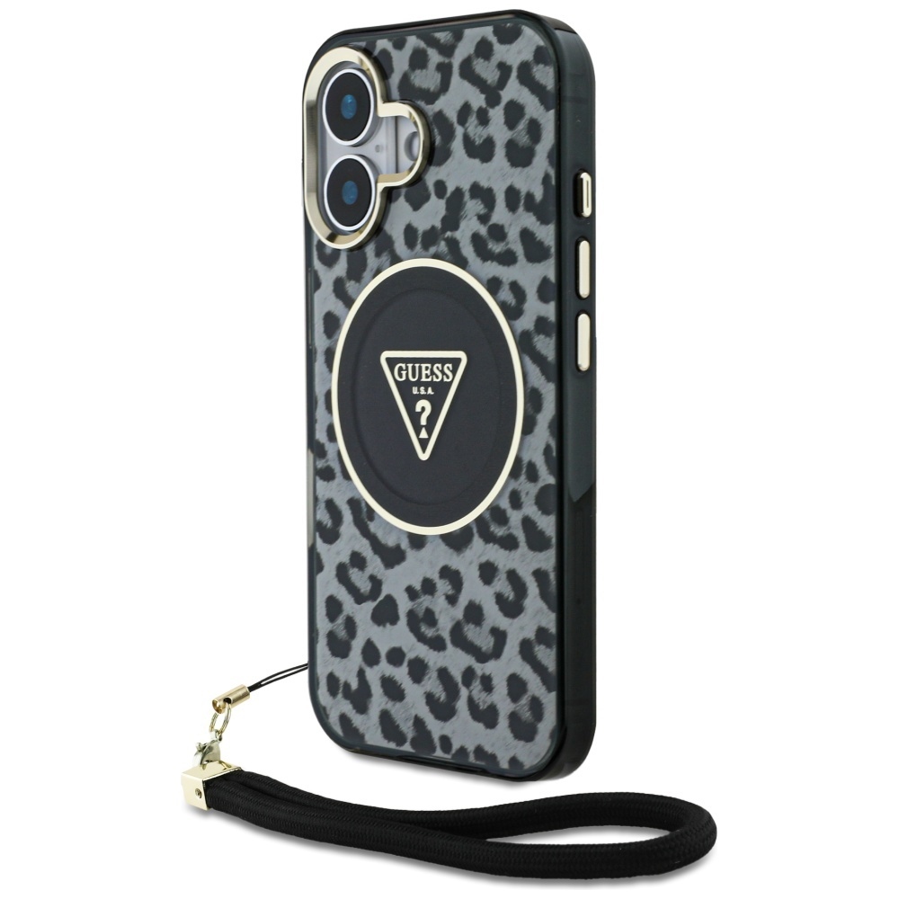 Guess HC IML Leopard Triangle Cord Strap MagSafe Black Kryt iPhone 16