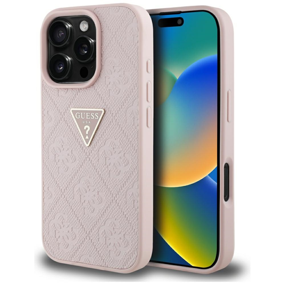 Guess Hot Stamp 4G Pattern Triangle Metal Logo Pink Kryt iPhone 16 Pro