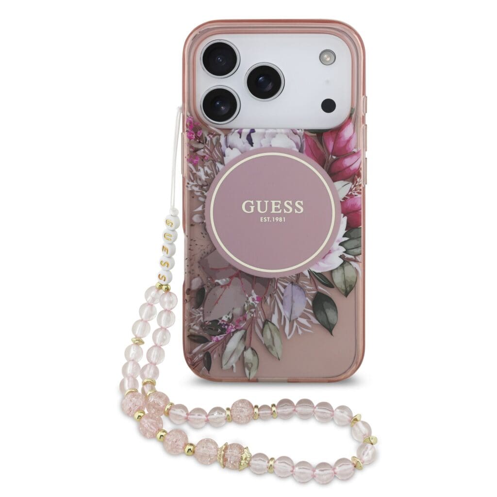 Guess IML Flowers Strap MagSafe Pink Kryt iPhone 17 Pro
