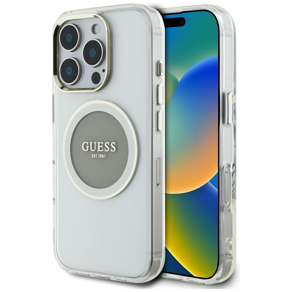 Guess IML Metal Colored Circle Classic Logo MagSafe Grey Kryt iPhone 16 Pro