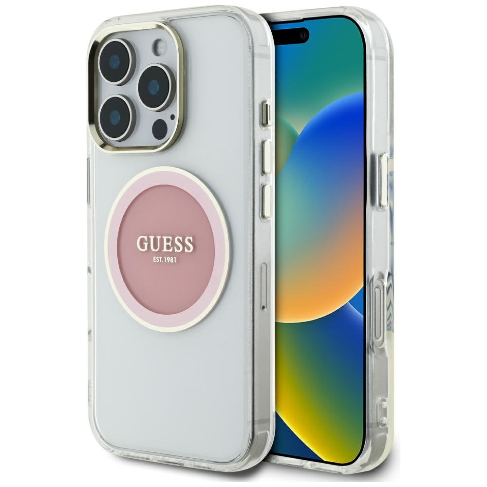 Guess IML Metal Colored Circle Classic Logo MagSafe Pink Kryt iPhone 16 Pro