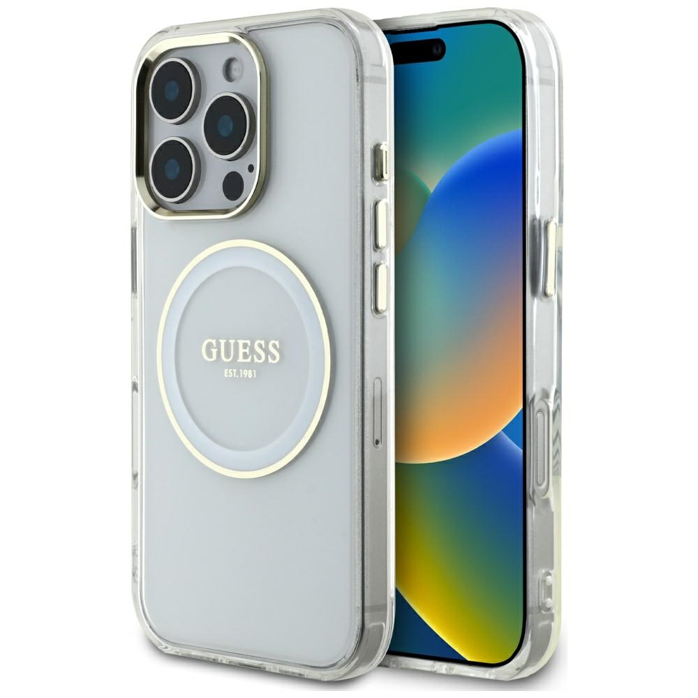 Guess IML Metal Colored Circle Classic Logo MagSafe White Kryt iPhone 16 Pro
