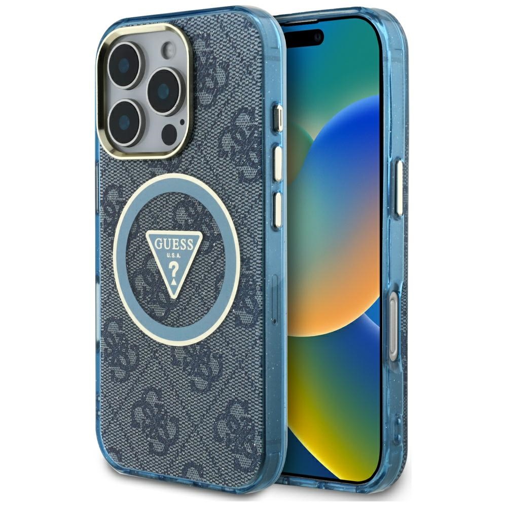 Guess IML Metal Glitter 4G Circle Triangle MagSafe Blue Kryt iPhone 16 Pro