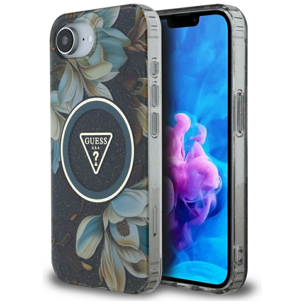 Guess IML Metal Glitter Flowers Triangle MagSafe Black Kryt iPhone 16e