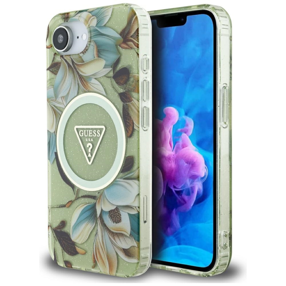 Guess IML Metal Glitter Flowers Triangle MagSafe Green Kryt iPhone 16e