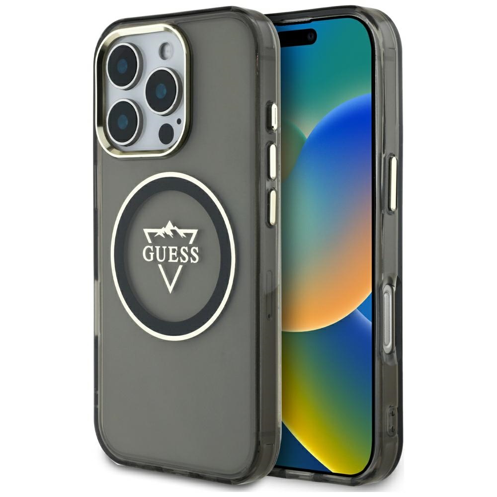 Guess IML Metal Mountain Logo MagSafe Black Kryt iPhone 16 Pro