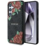 Guess Leather 4G Flowers Print Metal Classic Logo MagSafe Case Black Kryt Samsung Galaxy S25