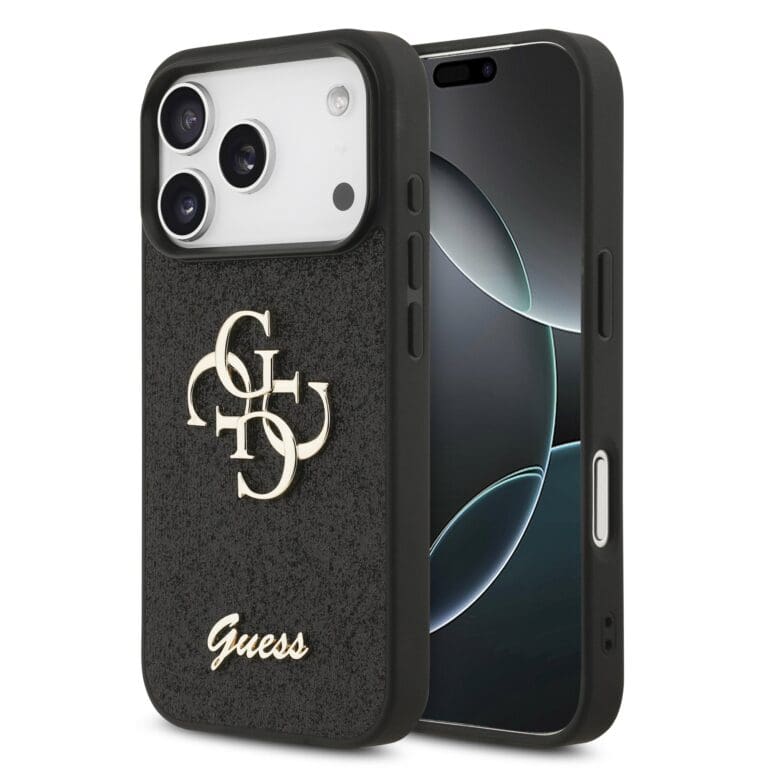 Guess PU Fixed Glitter 4G Metal Logo Black Kryt iPhone 17 Pro