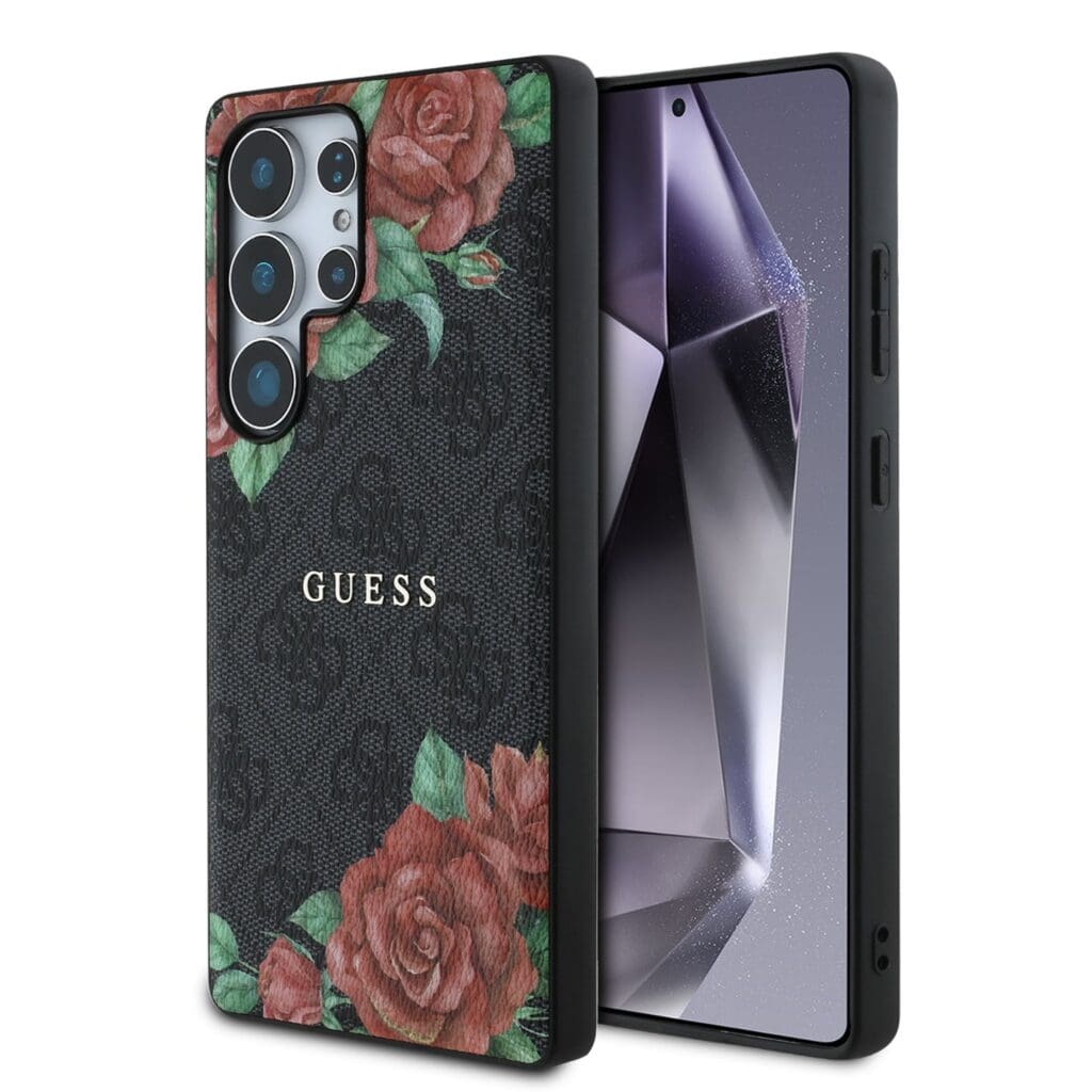 Guess PU Leather 4G Flowers Print Metal Classic Logo MagSafe Black Kryt Samsung Galaxy S25 Ultra