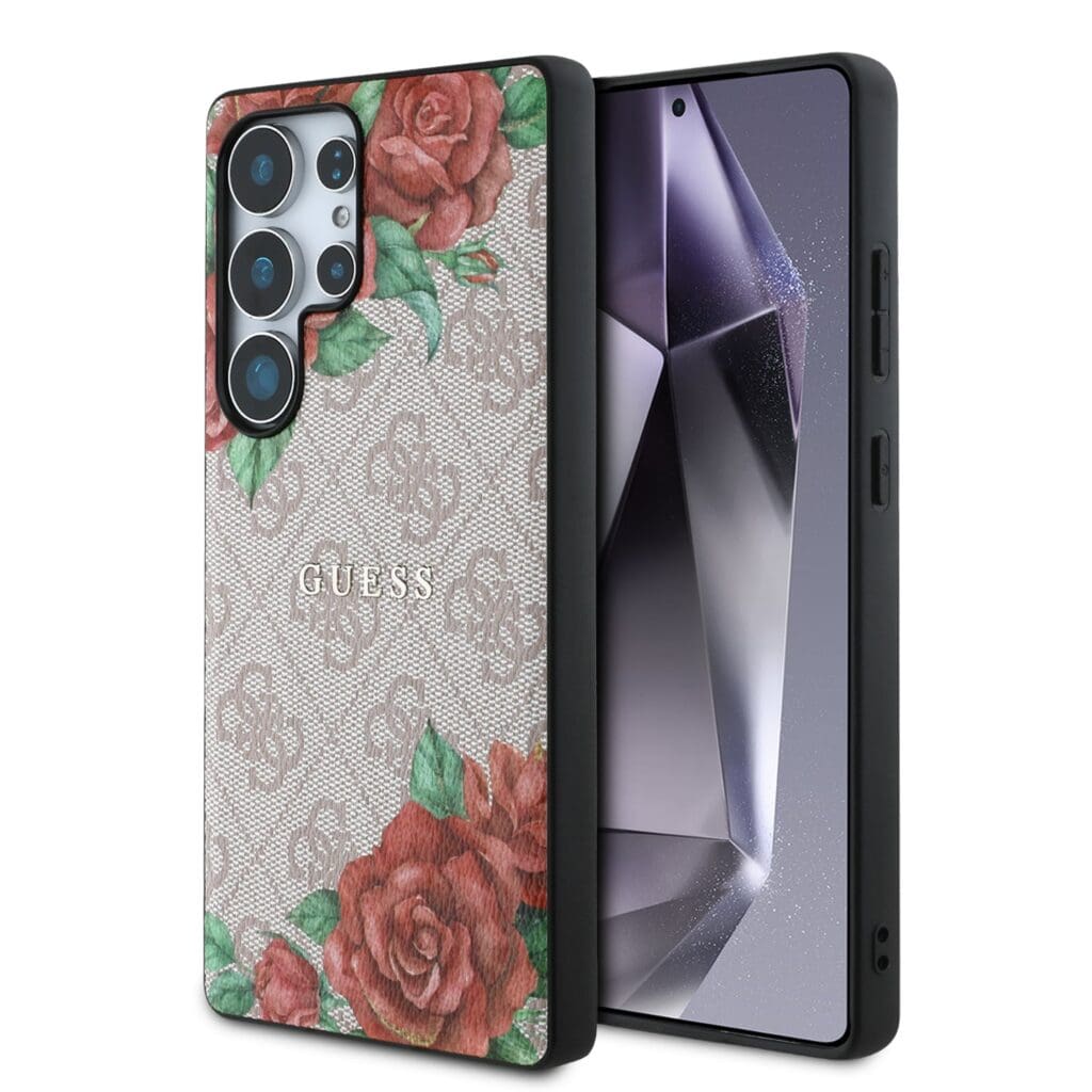 Guess PU Leather 4G Flowers Print Metal Classic Logo MagSafe Pink Kryt Samsung Galaxy S25 Ultra