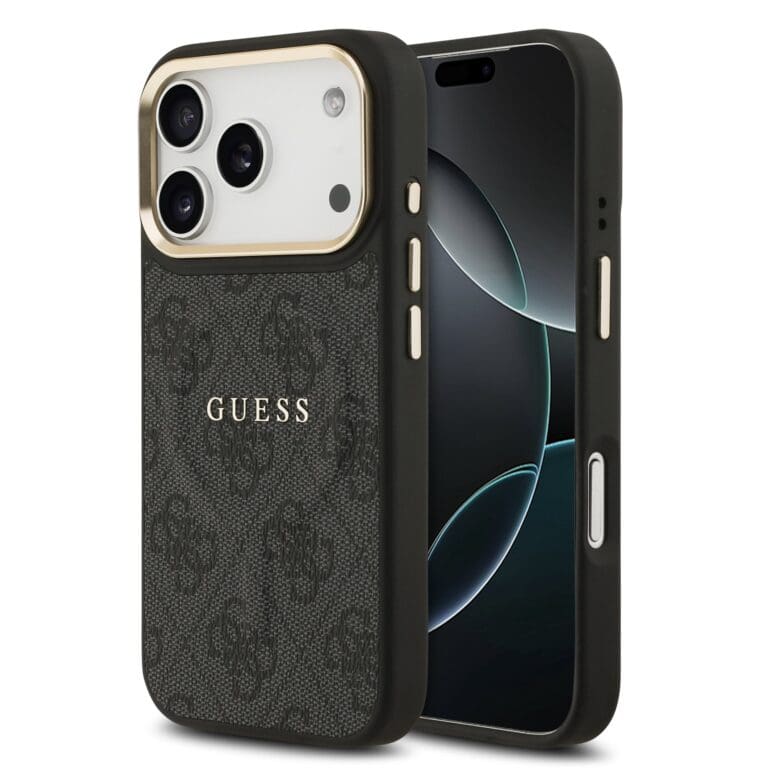 Guess PU Leather 4G Gold Frame MagSafe Black Kryt iPhone 17 Pro