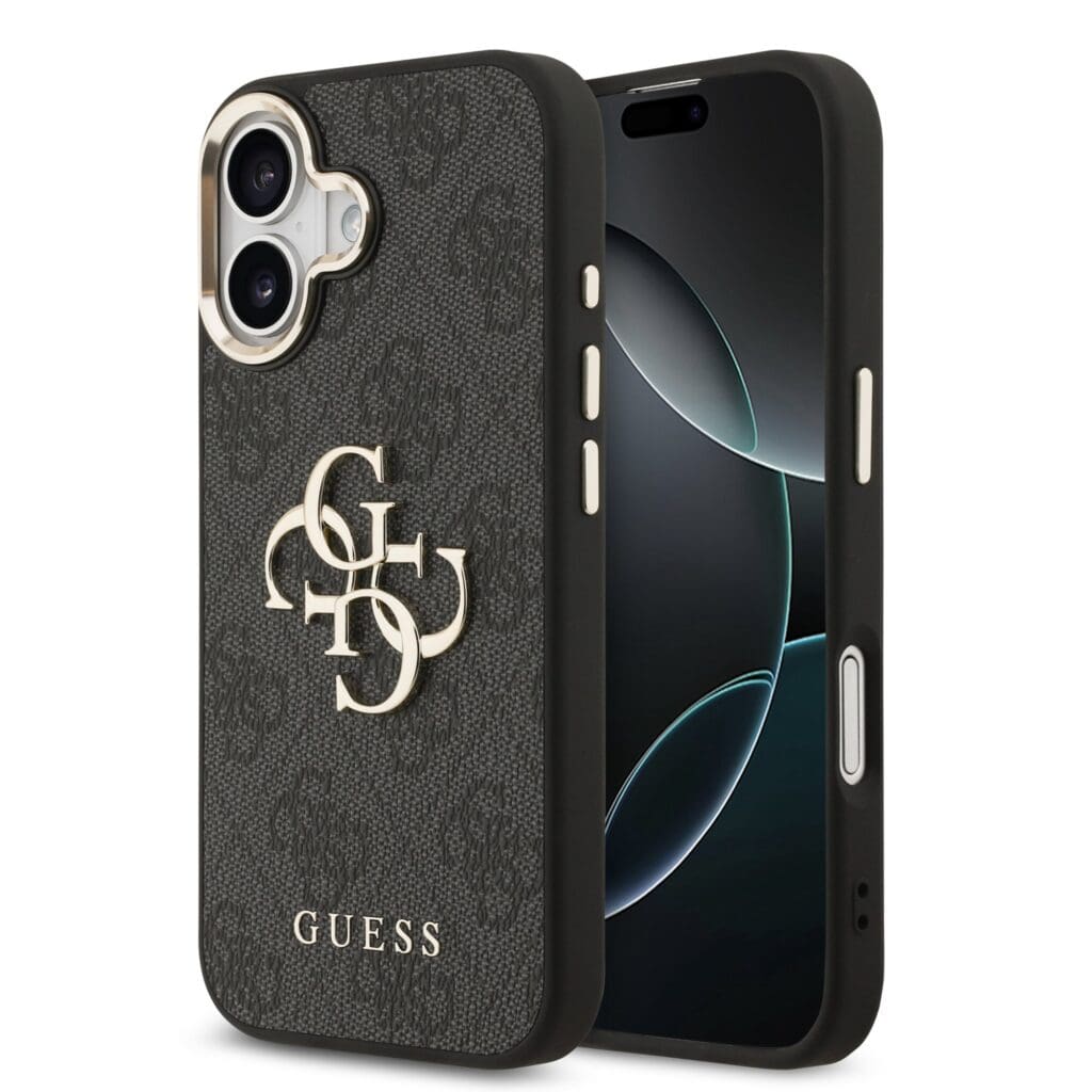 Guess PU Leather 4G Metal Logo Gold Frame Black Kryt iPhone 17
