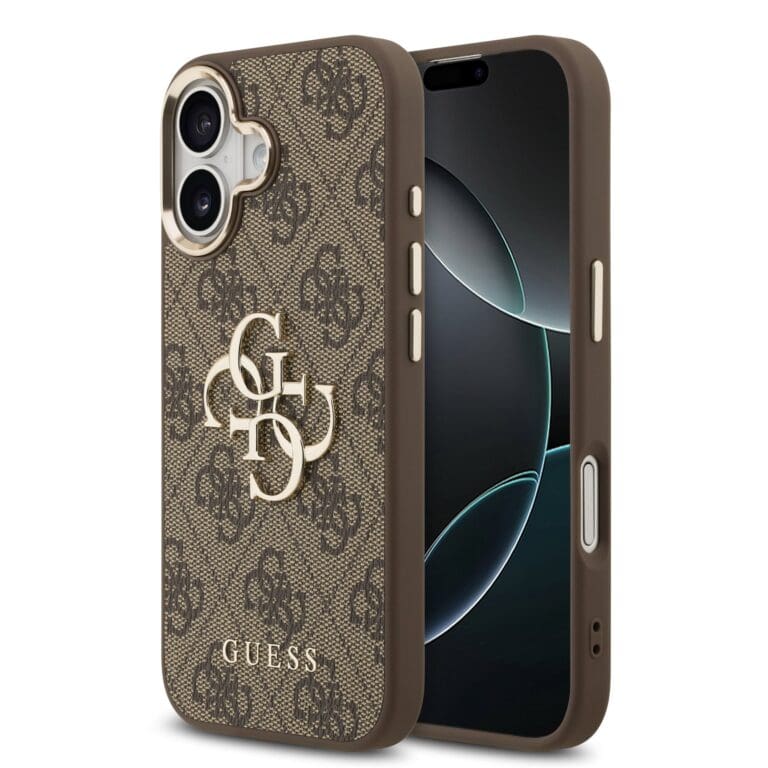 Guess PU Leather 4G Metal Logo Gold Frame Brown Kryt iPhone 17