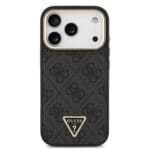 Guess PU Leather 4G Strass Triangle Logo Gold Frame MagSafe Black Kryt iPhone 17 Pro