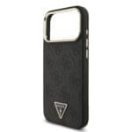 Guess PU Leather 4G Strass Triangle Logo Gold Frame MagSafe Black Kryt iPhone 17 Pro Max