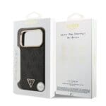 Guess PU Leather 4G Strass Triangle Logo Gold Frame MagSafe Black Kryt iPhone 17 Pro Max