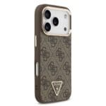 Guess PU Leather 4G Strass Triangle Logo Gold Frame MagSafe Brown Kryt iPhone 17 Pro