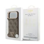 Guess PU Leather 4G Strass Triangle Logo Gold Frame MagSafe Brown Kryt iPhone 17 Pro Max
