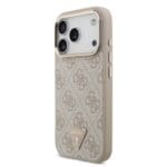 Guess PU Leather 4G Strass Triangle Logo Gold Frame MagSafe Pink Kryt iPhone 17 Pro