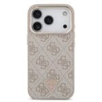 Guess PU Leather 4G Strass Triangle Logo Gold Frame MagSafe Pink Kryt iPhone 17 Pro