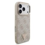 Guess PU Leather 4G Strass Triangle Logo Gold Frame MagSafe Pink Kryt iPhone 17 Pro