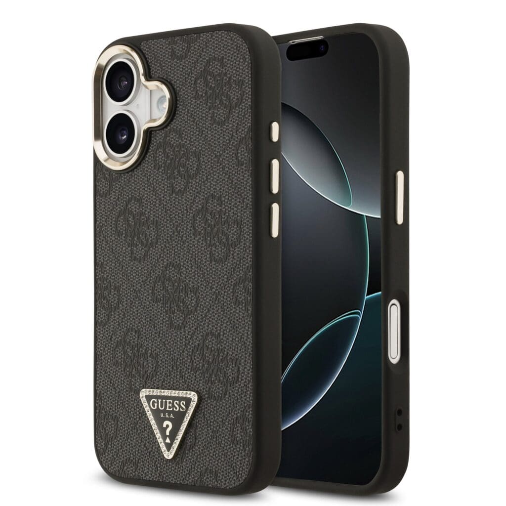 Guess PU Leather 4G Triangle Logo Gold Frame MagSafe Black Kryt iPhone 17