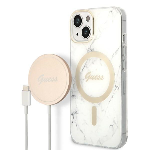 Guess Set GUBPP14SHMEACSH Case+Charger White Hardcase Marble MagS Kryt iPhone 13/14/15