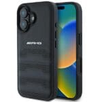 AMG AMHCP16SGSEBK Black Hardcase Leather Debossed Lines Black Logo Kryt iPhone 16