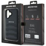 AMG AMHCP16SGSEBK Black Hardcase Leather Debossed Lines Black Logo Kryt iPhone 16