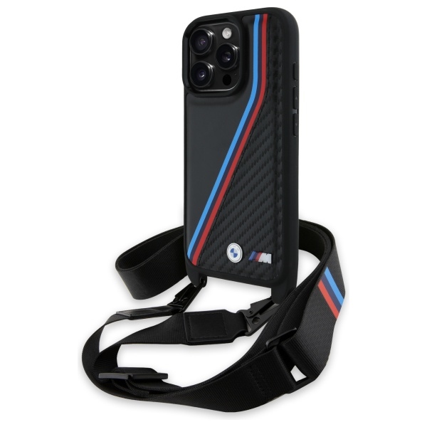 BMW BMHCP16L23PSVTK Black Hardcase M Edition Carbon Tricolor Lines & Strap Kryt iPhone 16 Pro