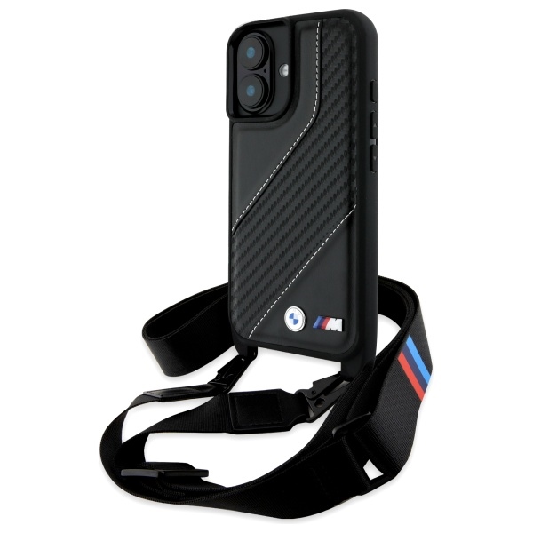 BMW BMHCP16M23PSCCK Black Hardcase M Edition Carbon Stripe & Strap Kryt iPhone 16 Plus